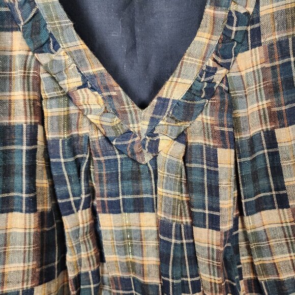 Naf Naf Beige Plaid Cotton Pleated Front V-Neck Tunic Dress - Picture 8 of 9